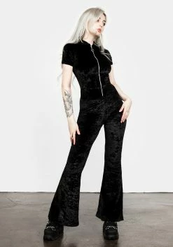 AMP1 Foxy Zip Up Velour Flared Jumpsuit