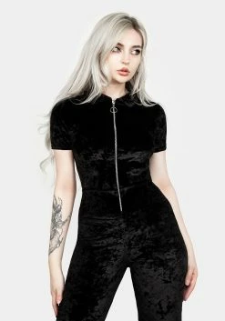 AMP1 Foxy Zip Up Velour Flared Jumpsuit